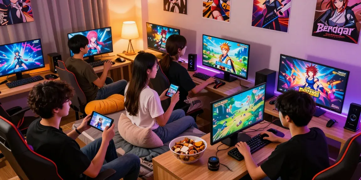 Gamers enjoying diverse hentai games on mobile and PC in a cozy, vibrant gaming environment.
