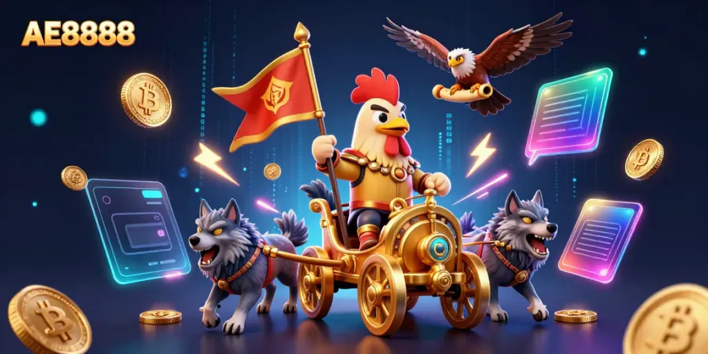 Experience the excitement of AE8888 with a vibrant 3D illustration of a rooster warlord, crypto coins, and dynamic gaming elements.
