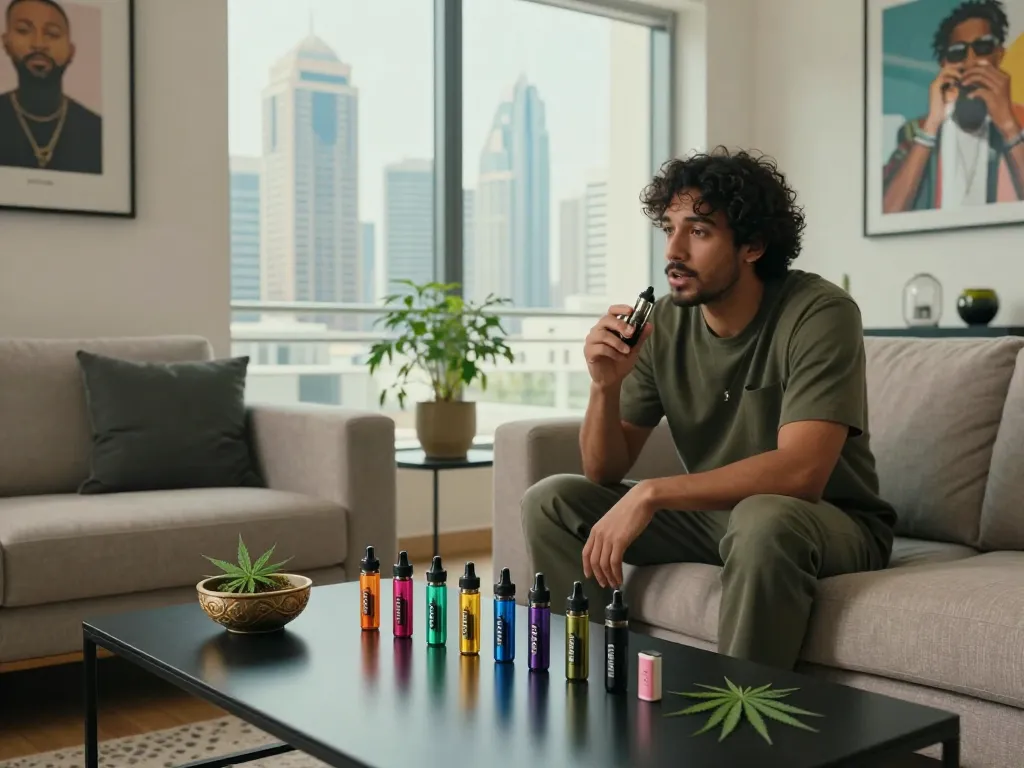 Buy Crystal Meth in Dubai with stylish THC vape collection in an urban living room