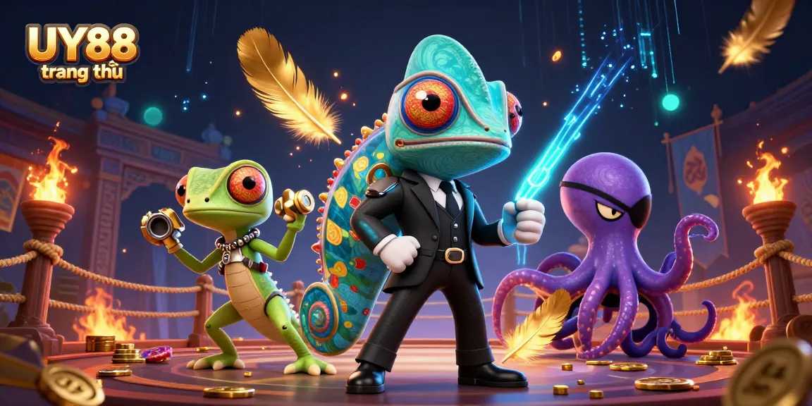 Experience the excitement of UY88 trang chủ with engaging casino characters in a dynamic 3D illustration.