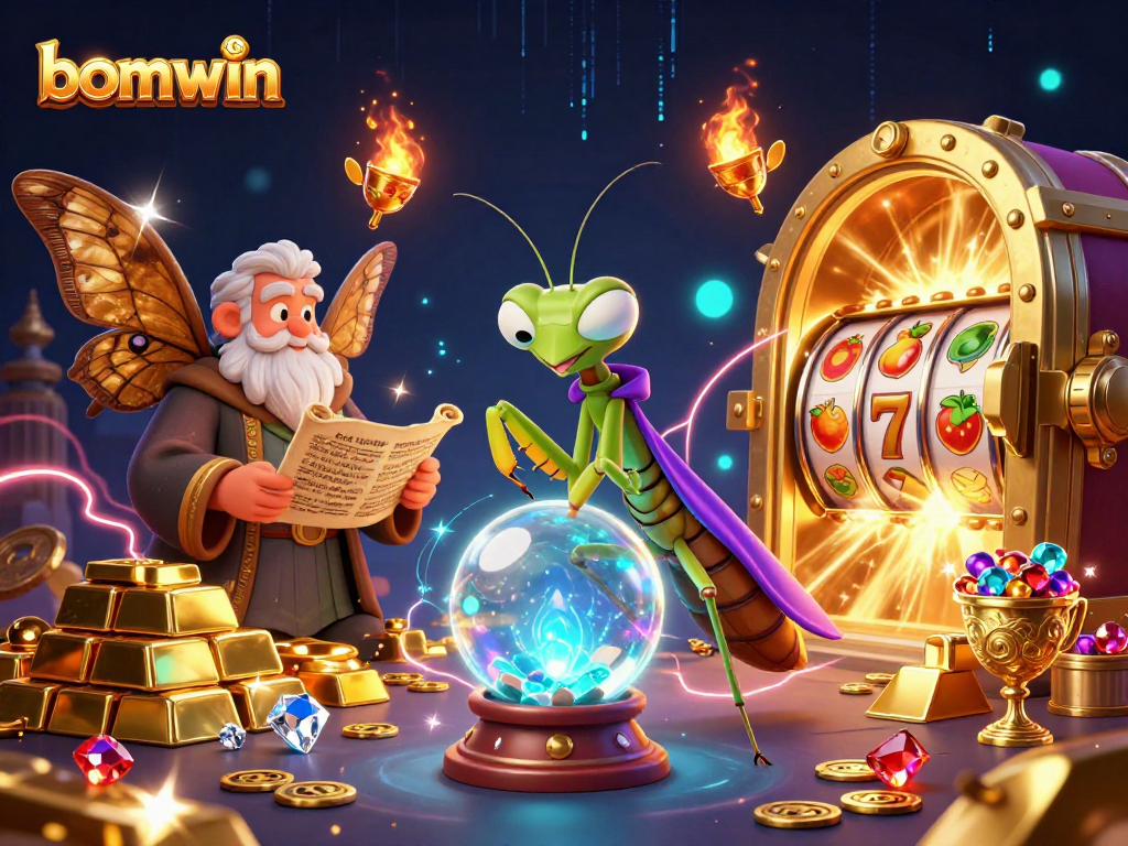 Experience the magic of bomwin with a vibrant casino scene featuring fortune tellers and treasures.