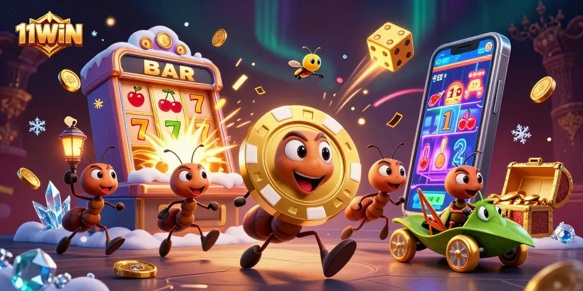 11WIN showcases a heist-themed illustration featuring ants and casino elements for engaging gambling entertainment.