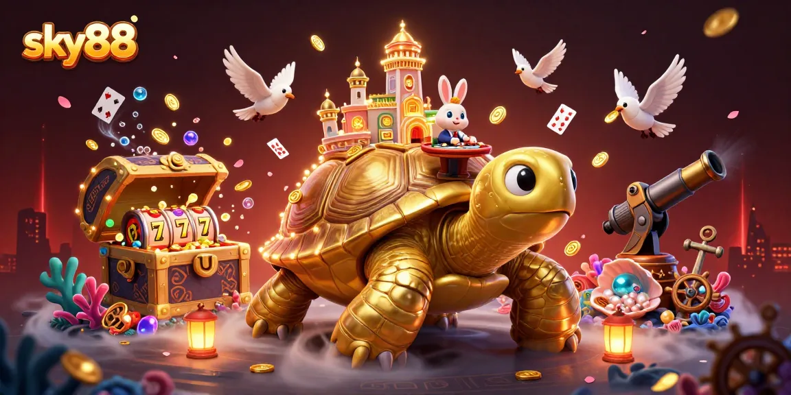 Engage in thrilling action at sky88 with a vibrant casino scene featuring a tortoise palace and exciting game elements.