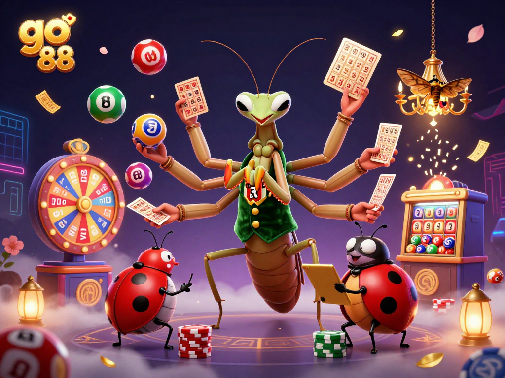 Experience go 88 with dynamic illustrations of card dealing, lottery balls, and casino elements.