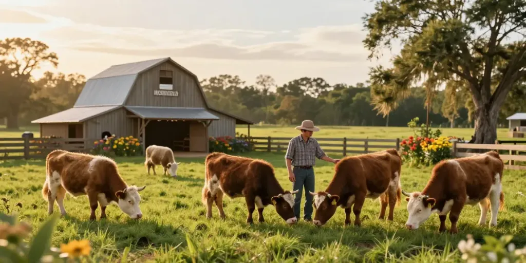 Mini cattle grazing on a sunny farm in Florida, highlighting serene interactions.