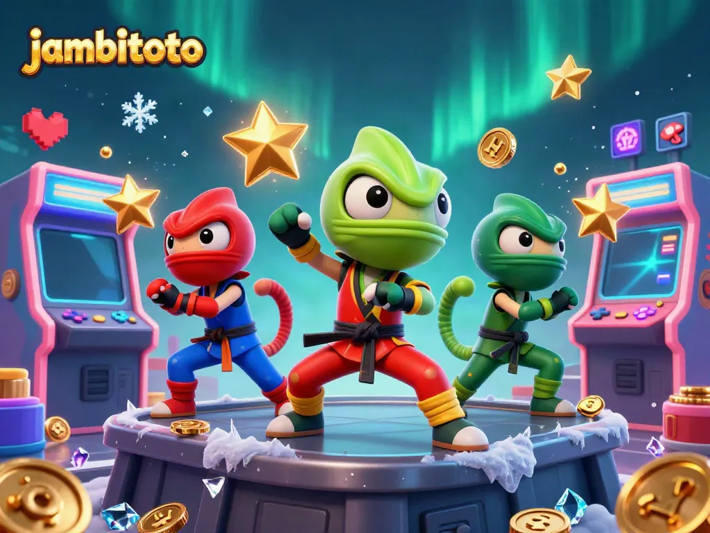 Engage with jambitoto's top-rated gaming experience through this dynamic 3D illustration of ninja chameleons in action.
