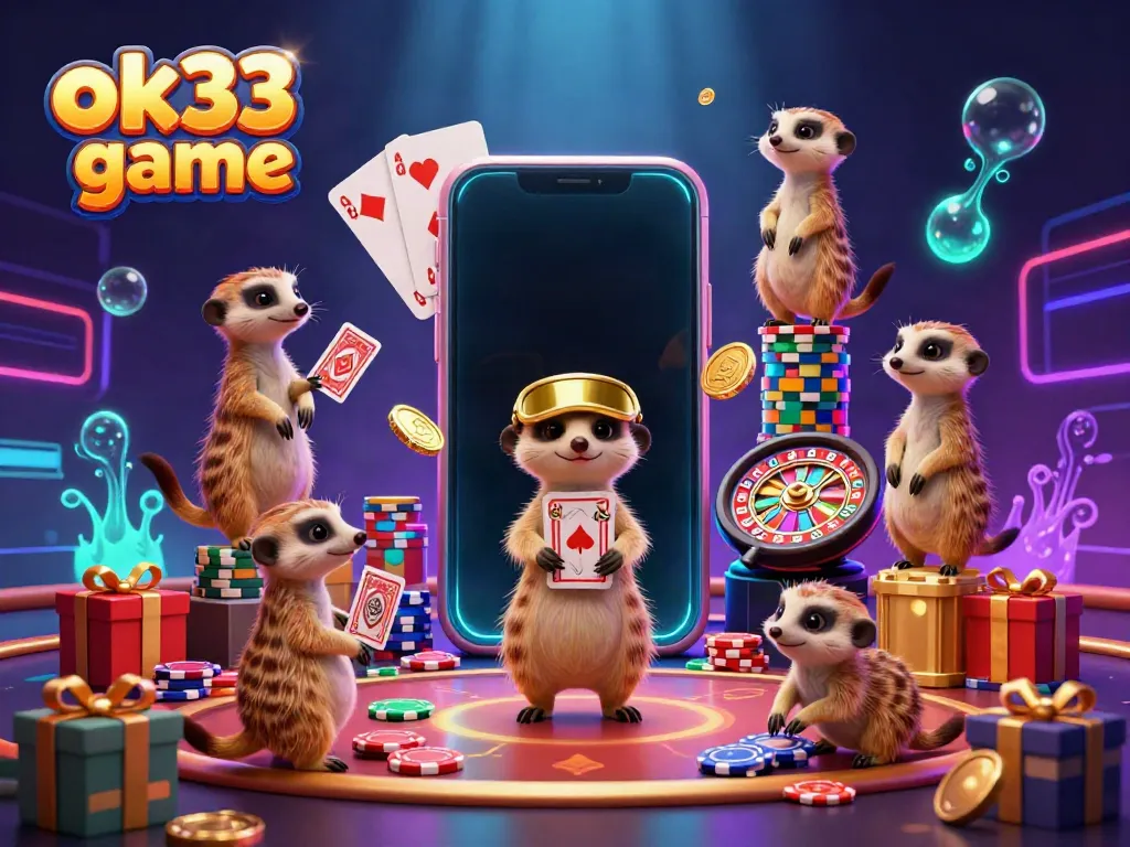 The ok33 game showcases a lively casino scene with meerkats managing gaming elements and poker items.