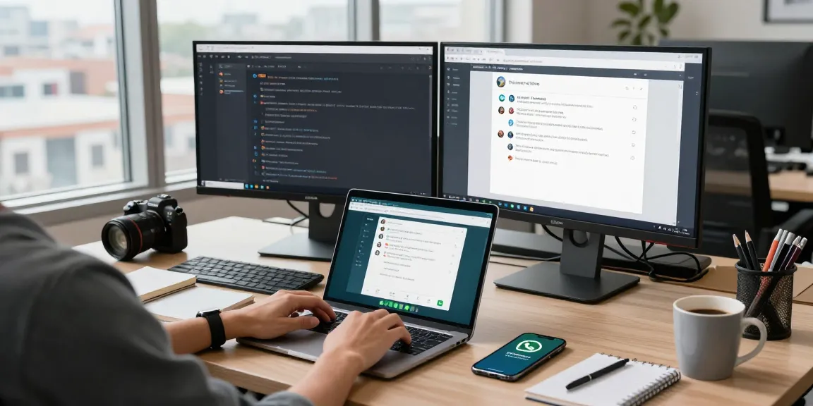 Using WhatsApp網頁版 on a laptop in a modern workspace with a creative desk setting.