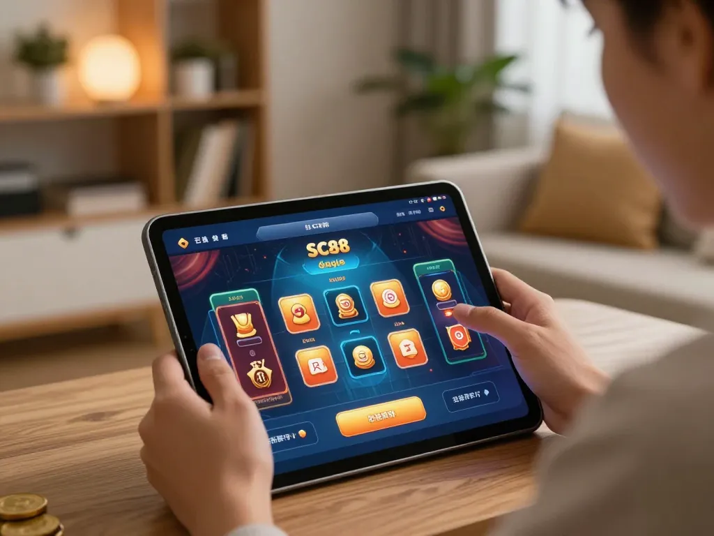 Using SC88 đăng nhập to engage in online casino gameplay on a tablet in a cozy home setting