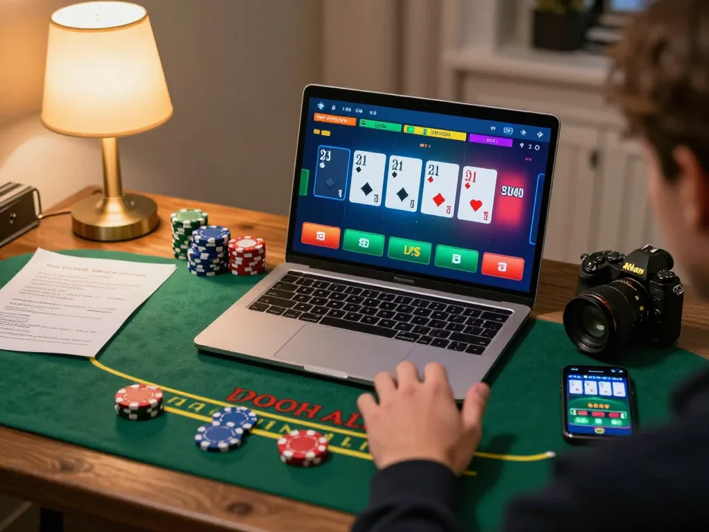 CM88 player engaged in online blackjack game from home, showcasing digital interface.