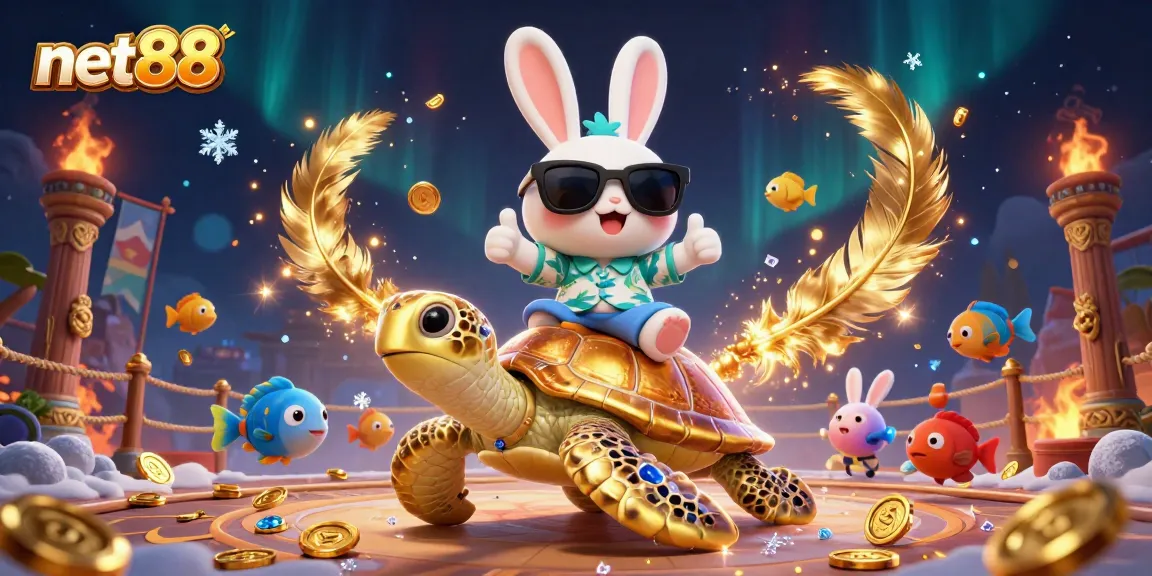 Experience net88's thrilling gameplay with our lucky rabbit and golden sea turtle in a vibrant casino scene.